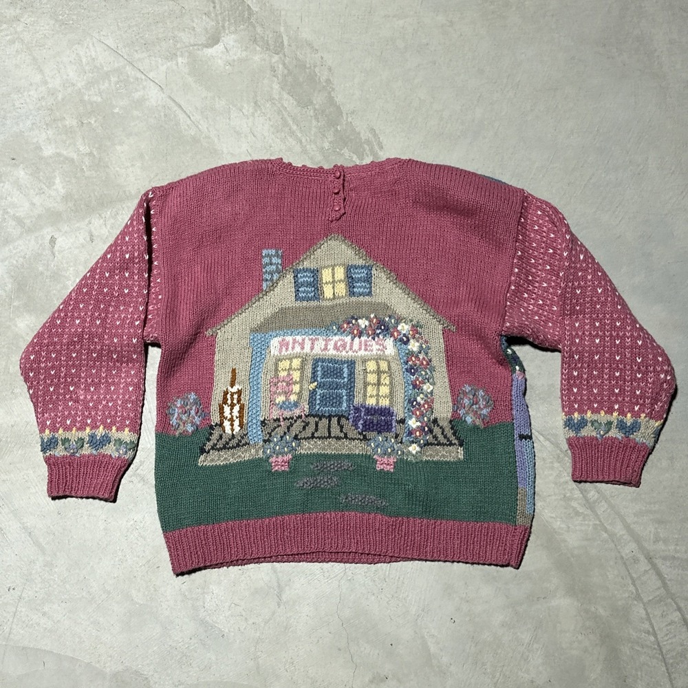 Vintage Hand Knitted Cardigan Sweater SZ L Cottagecore Antiques Farm House Pink - Picture 10 of 13